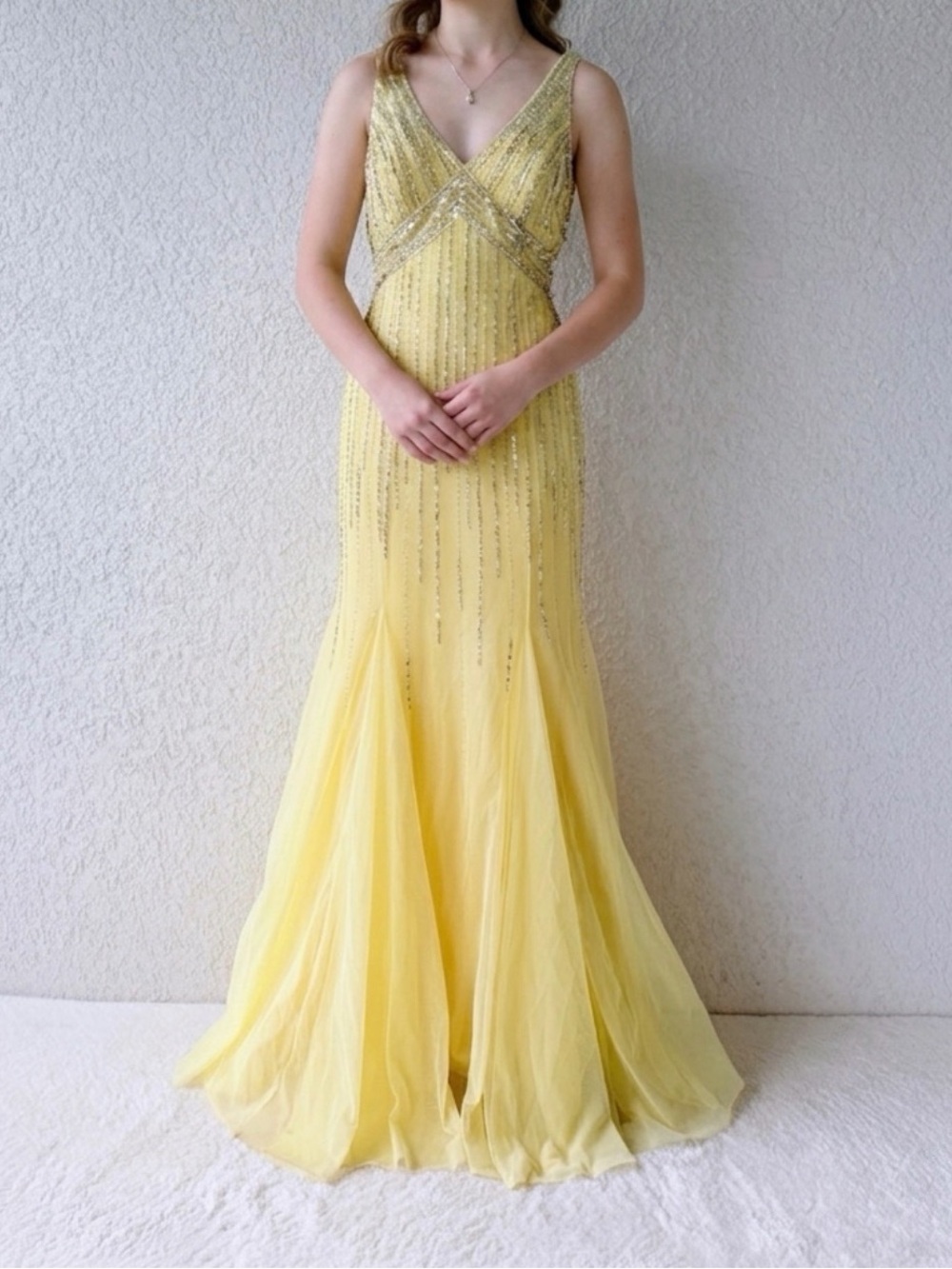 Elegant Yellow Beaded V-Neck Evening Gown